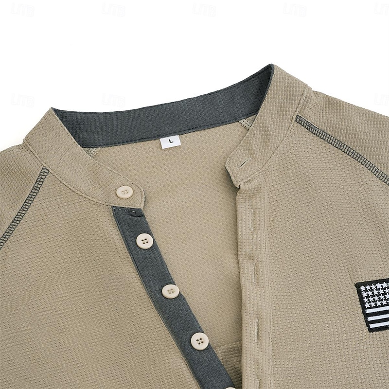 Men's T shirt Tee Henley Shirt Waffle Knit Tee Tee Top Long Sleeve Shirt Color Block National Flag Standing Collar Street Vacation Long Sleeve Patchwork Clothing Apparel Fashion Designer Basic3