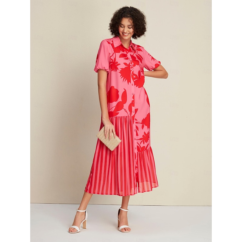 Chiffon&Satin Rose Red Floral Stripe Asymetric Hem Short Sleeve Maxi Dress