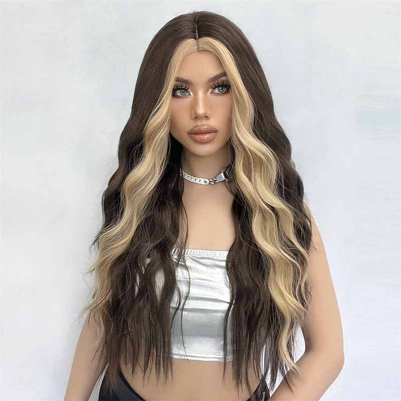Synthetic Wig Wavy Bouncy Curl Middle Part Wig 26 inch Dark Brown Synthetic Hair Women's Middle Part Cool Adorable Mixed Color3