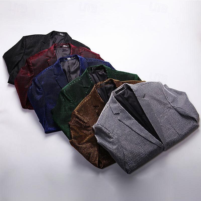 Men's Blazer Formal Evening Casual Daily Sweet All Seasons 65%Cotton 35%Polyester Solid / Plain Color Sequins Casual Wedding Single Breasted Blazer Silver Black Red Blue3