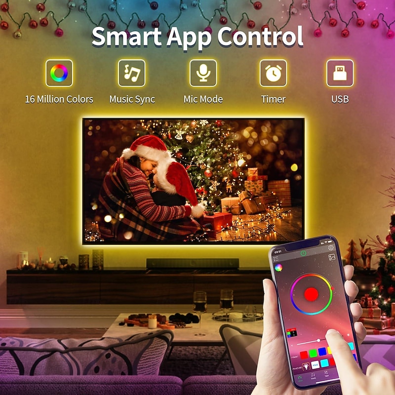 LED TV Light 1-5M/3.28-16ft USB TV LED Backlight with Application Bluetooth LED Light Bar RGB LED Light Bar Music Sync LED Light Suitable for Bedroom TV Bar Lighting Game Room Decoration4