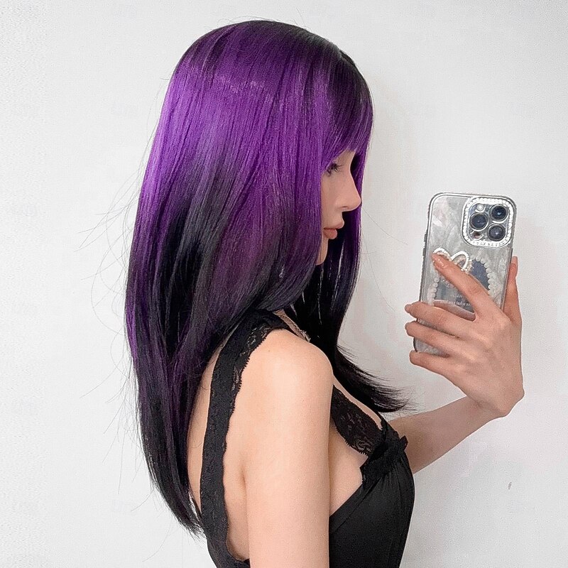 Synthetic Wig Uniforms Career Costumes Princess Straight kinky Straight Middle Part Layered Haircut Machine Made Wig 22 inch Dark Purple Synthetic Hair Women's Cosplay Party Fashion Purple3