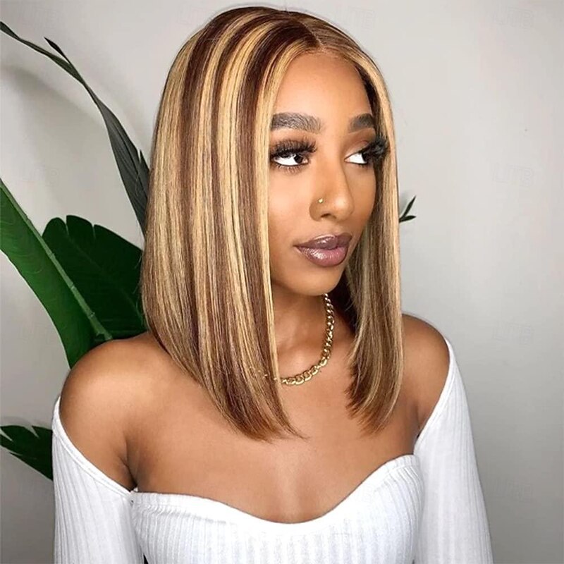 Highlight Ombre Bob Wig Human Hair Straight 4/27 Honey Blonde Bob Lace Front Wigs Human Hair 16 Inch 13x4 Lace Front Bob Wigs Short Bob Wig 180% Density Glueless Wigs Straight Bob Wigs For Women