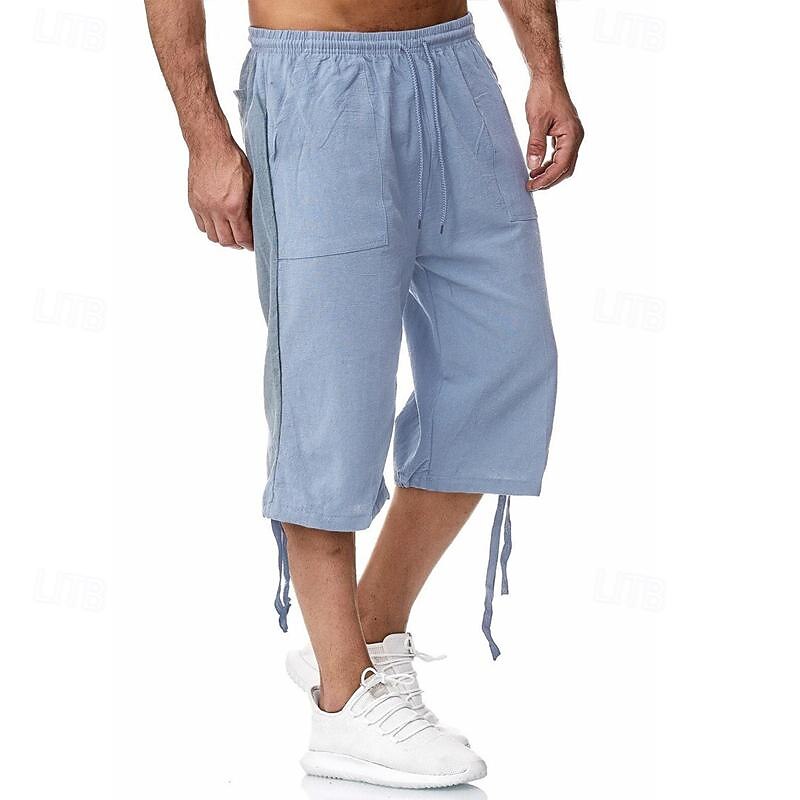 Men's Linen Shorts Summer Shorts Beach Shorts Capri Pants Drawstring Elastic Waist Front Pocket Solid Color Daily Going out Stylish Classic Black Blue3
