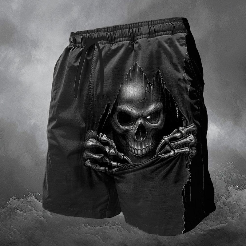 Men's Shorts Summer Shorts Casual Shorts Drawstring Pocket Elastic Waist Skull Optical Illusion Halloween Costumes Soft Breathable Short Casual Daily Holiday Fashion Streetwear Black Micro-elastic