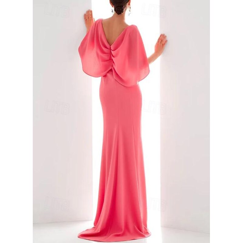 Sheath Evening Gown Elegant Dress Formal Fall Floor Length Short Sleeve V Neck Stretch Chiffon with Ruched Ruffles2