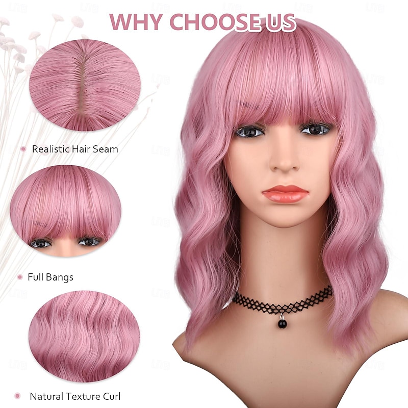 Wig with Bangs for Women Short Bob Wavy Curly Wig Pastel Hair Wigs Heat Resistant Halloween Cosplay Party Wigs4