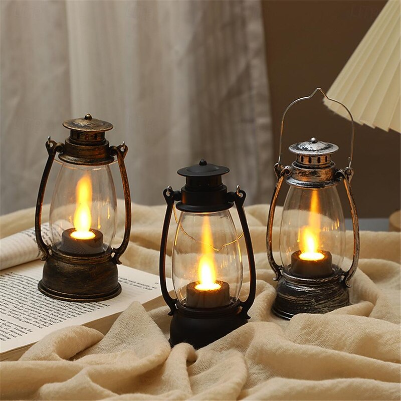 LED Electronic Horse Light Candle Light Retro Small Oil Lamp Electronic Candle Light Creative Nostalgic Wind Light Desktop Ornament Small Night Light Festival Party Decorative Lights 1PC3