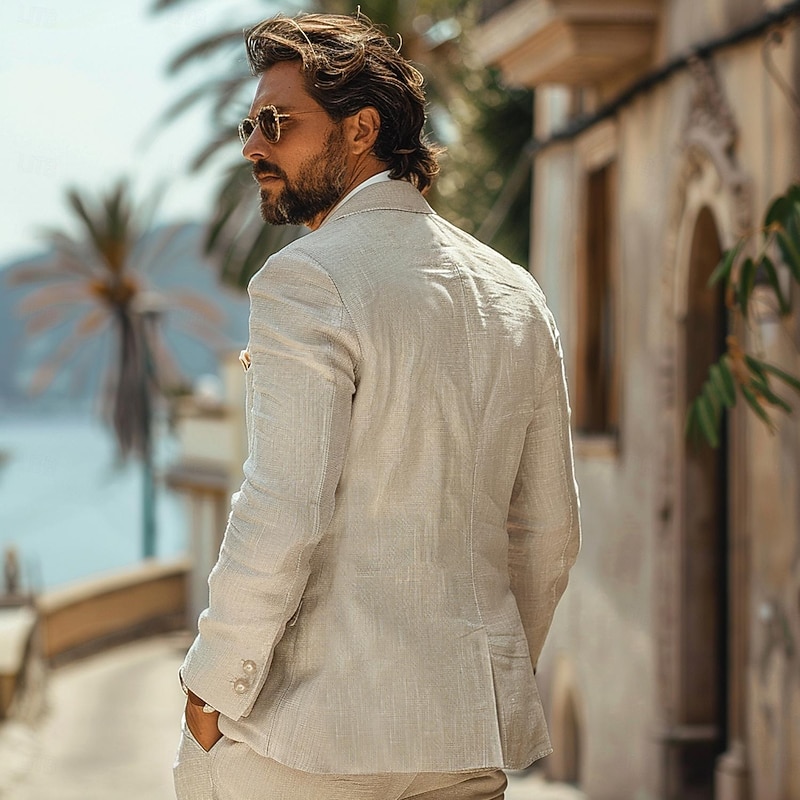 Men's 100% Linen Blazer Jacket Wedding Party Casual Elegant Vacation Summer Spring Linen Blue Linen Blazer Solid Color Single Breasted Two-button Blazer Blue Beige3