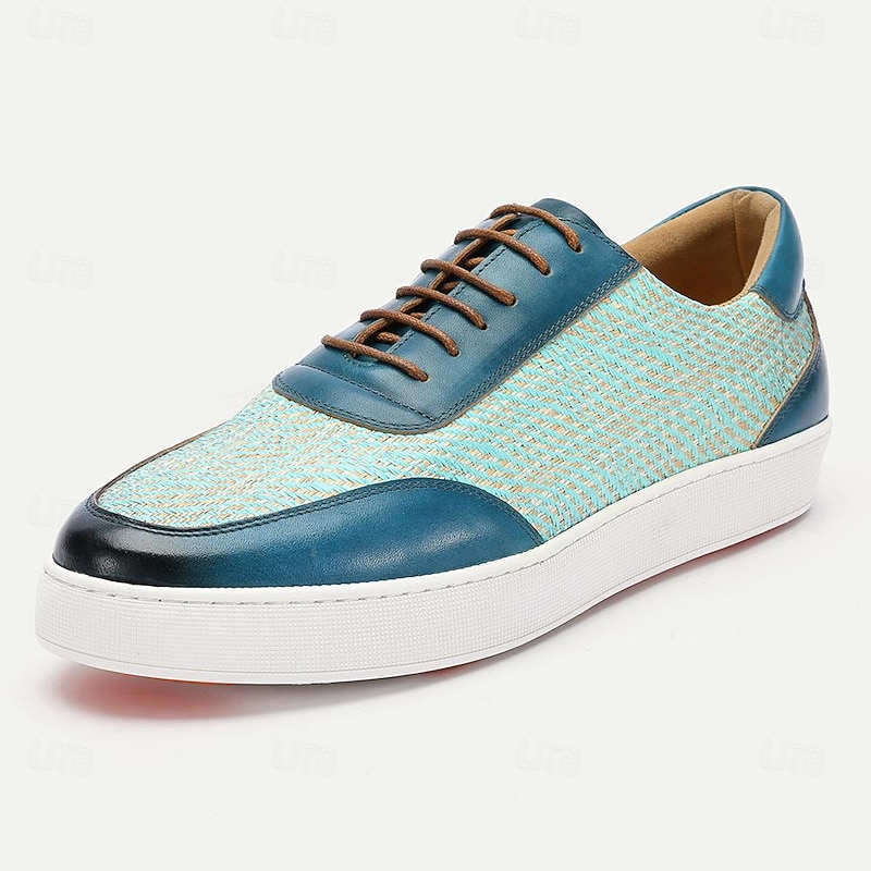 Men's Blue Leather Sneakers with Woven Pattern - Stylish and Comfortable Lace-Up Casual Shoes for Everyday Wear3