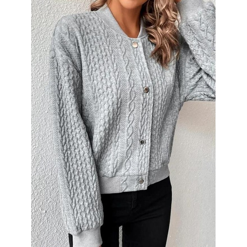 Women's Casual Jacket Dailywear Stand Collar Button Solid Color Warm Fashion Loose Fit Outerwear Long Sleeve Spring Black S2