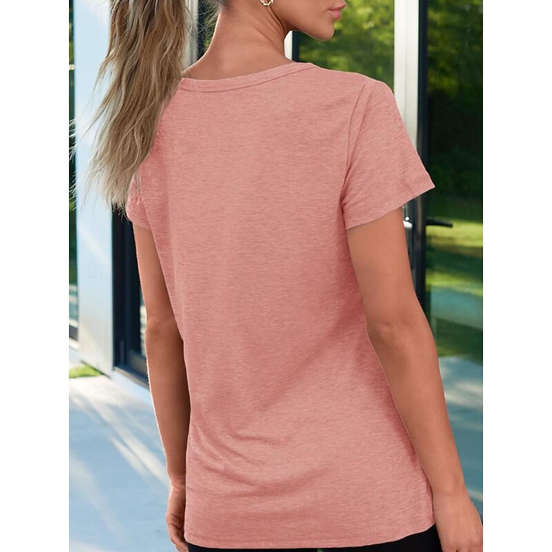 Women's T Shirt Solid Color Plain Basic Basic Casual Short Sleeve V Neck Regular Tops Daily Print Pink Summer3
