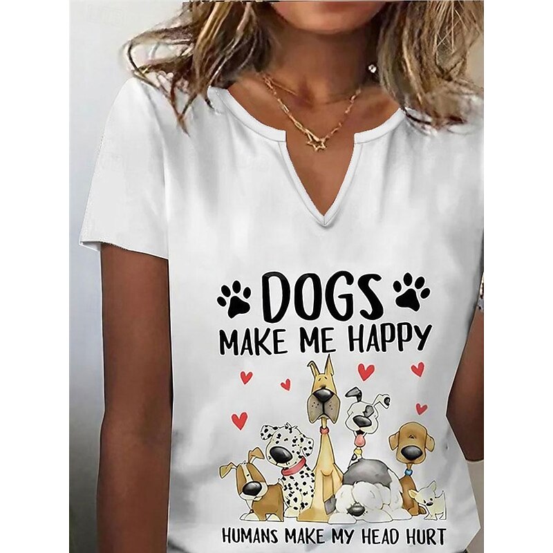 Women's T Shirt Henley Shirt Basic Dog Letter Print Short Sleeve Regular Tops V Neck Daily Weekend Black White Red2