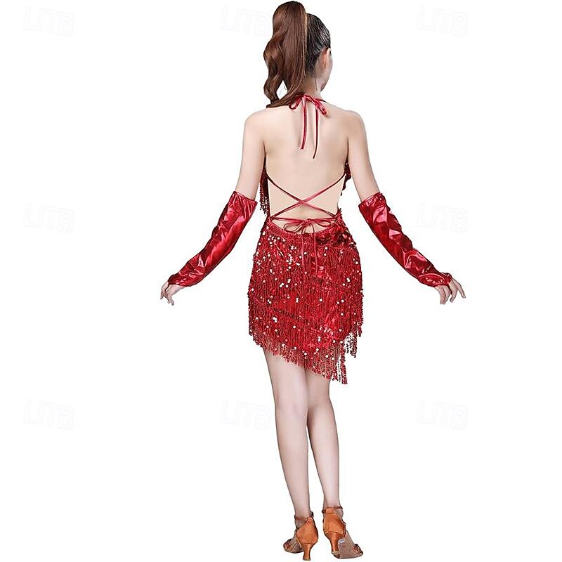 Sequins Tassel Latin Dance Dress for Women's 1920s Flapper Cocktail Party Dresses Rumba Ballroom Costumes with Gloves2