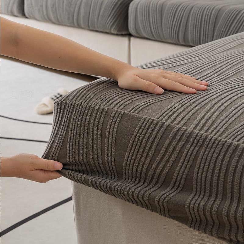 Water Resistant Sofa seat Cushion Cover Jacquard Striped Slipcover Elastic Couch Armchair Loveseat 4 or 3 Seater Grey Plain Solid Soft Durable Washable4