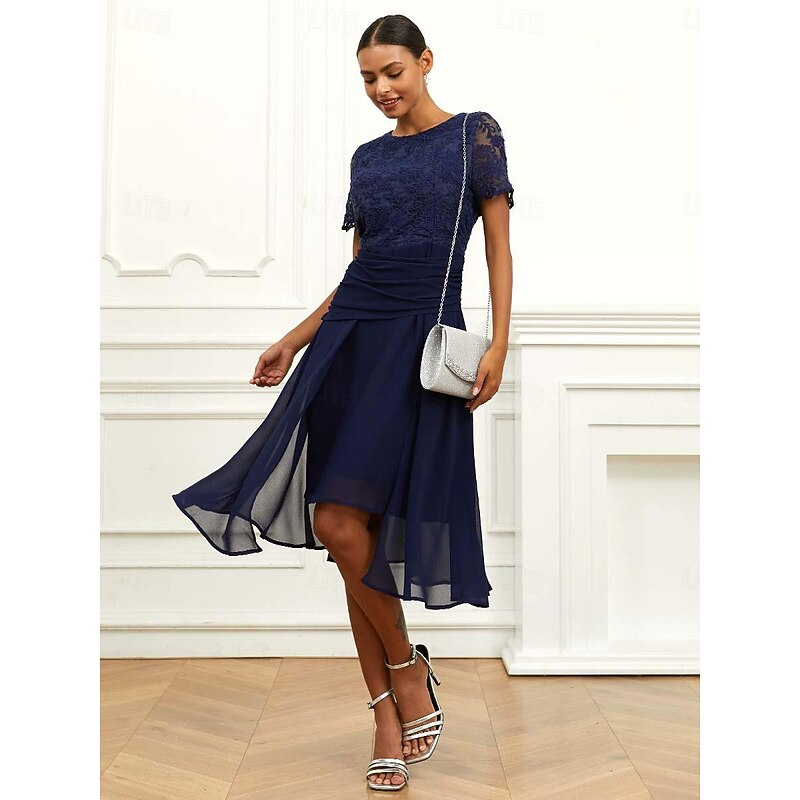 Women's Wedding Guest Cocktail Dress Chiffon Lace Ruched Crew Neck Short Sleeve Midi Dress Party Elegant Formal Dark Blue Summer2