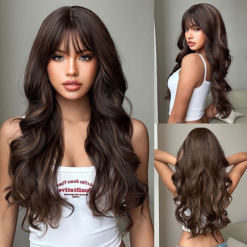 Synthetic Wig Uniforms Career Costumes Princess Curly Wavy Middle Part Layered Haircut Machine Made Wig 26 inch Brown / Burgundy Synthetic Hair Women's Cosplay Party Fashion Brown