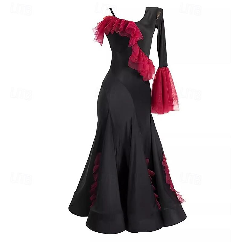 Ballroom Dance Dress Ruffles Pure Color Splicing Women's Performance Party Long Sleeve Polyester Mesh3