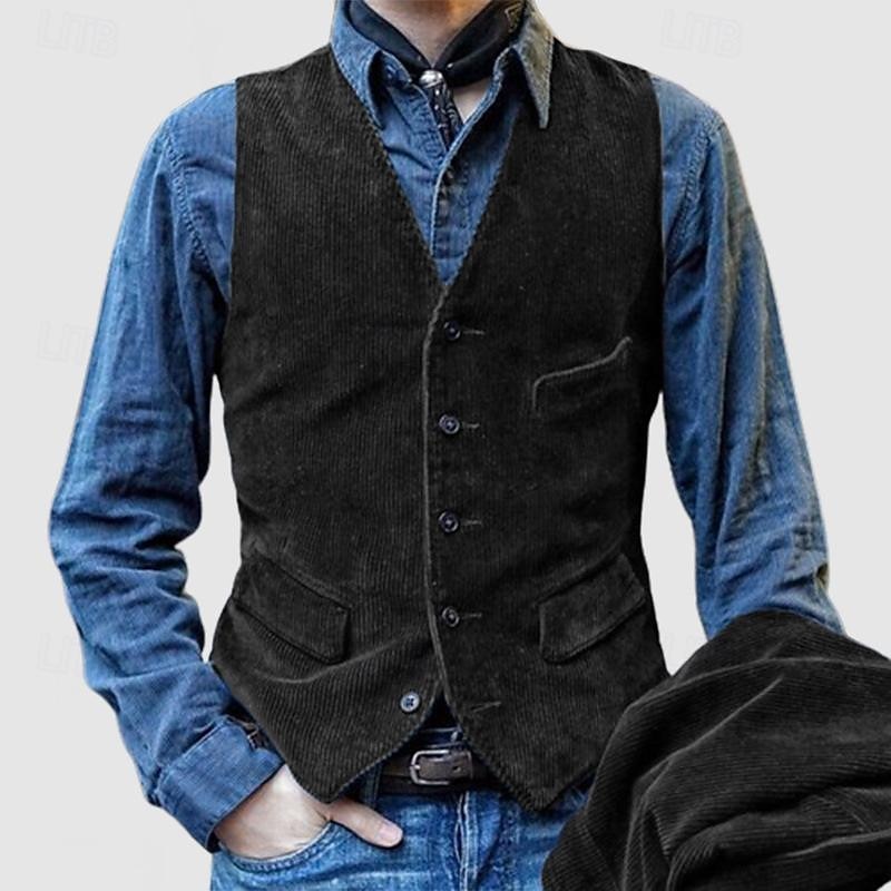 Men's Vest Gilet Vacation Daily Vintage Fashion Spring &  Fall Buttons Decorative pockets Polyester Corduroy Comfortable Plain Single Breasted One-button V Neck Regular Fit Black Blue Brown Army Green4