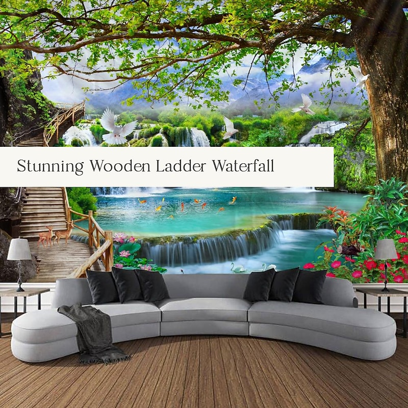 Beautiful wooden ladder waterfall scenery tapestry hanging cloth background cloth decorative cloth hanging cloth2