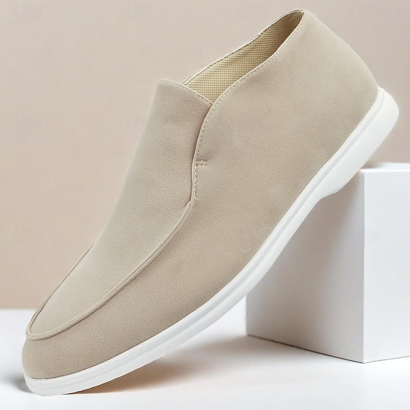 Men's Beige Slip-On Suede Loafers with White Sole for Casual Wear