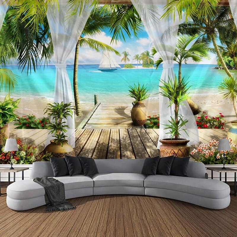 Beach Theme Hanging Tapestry Wall Art Large Tapestry Mural Decor Photograph Backdrop Blanket Curtain Home Bedroom Living Room Decoration