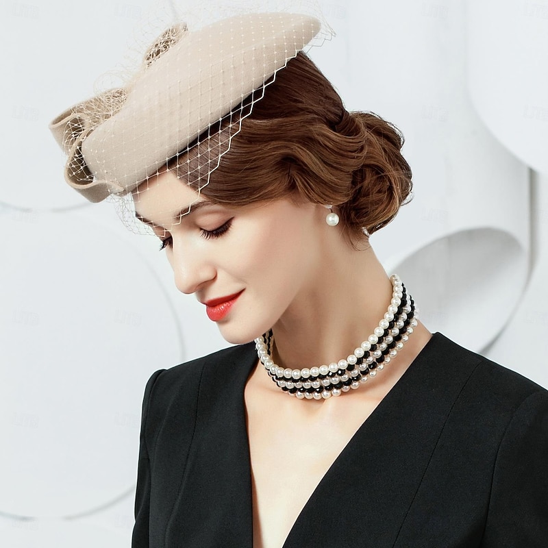 Hats 100% Wool Beret Hat Fedora Hat Wedding Cocktail Elegant Wedding With Pure Color Tulle Headpiece Headwear2