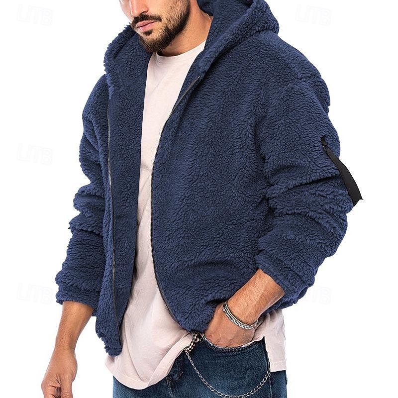 Men's Winter Jacket Polar Fleece Jacket Hoodied Jacket Daily Vacation Thermal Warm Pocket Fall & Winter Plain Fashion Streetwear Hooded Regular Black Navy Blue Khaki Dark Gray Jacket3