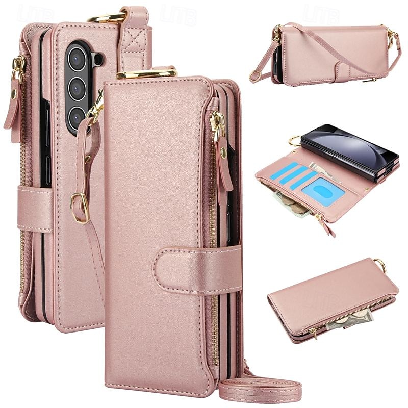 Phone Case For Samsung Galaxy Z Fold 7 Z Fold 6 Z Fold 5 Z Fold 4 Z Fold 3 Back Cover Wallet Case with Stand Holder Ring Holder Zipper Retro TPU PU Leather2