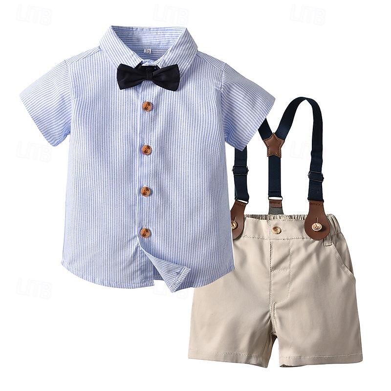 Boys 3D Stripe Shirt & Shorts Short Sleeve Summer Cool Gentle Kids 4 years+ Formal Party Tailored Fit