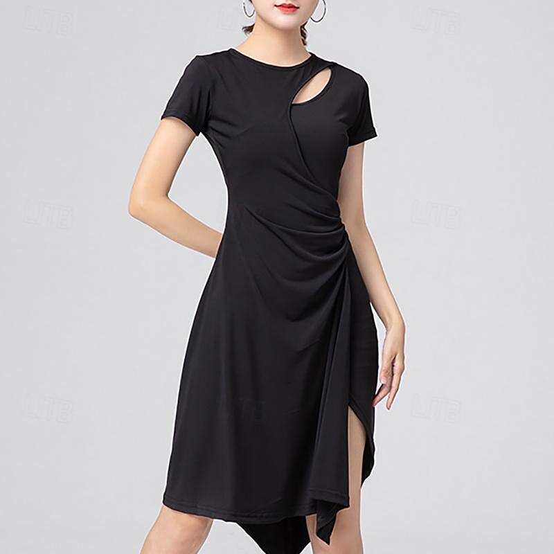 Latin Dance Dress Hollow-out Pure Color Splicing Women's Performance Training Short Sleeve High Polyester2