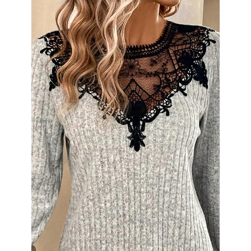 Women's Elegant Lace Tops Eyelet Blouse Stylish Solid Color Plain Regular Tops Long Sleeve Crew Neck Lace Patchwork Regular Fit Daily Romantic Petite Tops Summer Holiday Wear Light Grey Spring Fall3