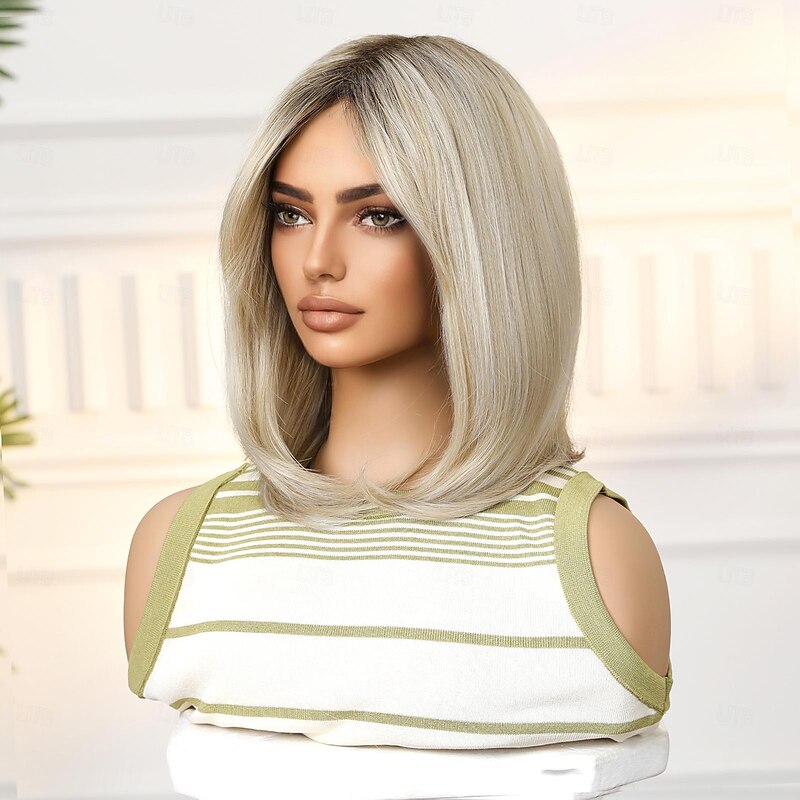 Synthetic Wig Uniforms Career Costumes Princess Straight kinky Straight Middle Part Layered Haircut Machine Made Wig 14 inch Light golden Synthetic Hair Women's Cosplay Party Fashion Blonde4