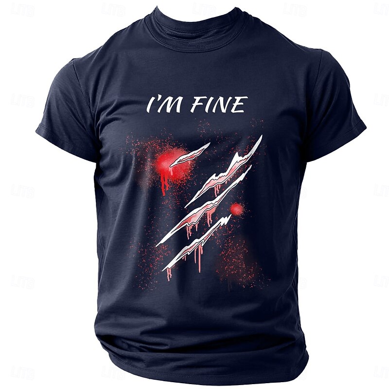 Men's Short Sleeve Graphic T-Shirt with 'I'M FINE' Bloody Claw Marks Print, Dark Humor Ironic Lifestyle Tee3
