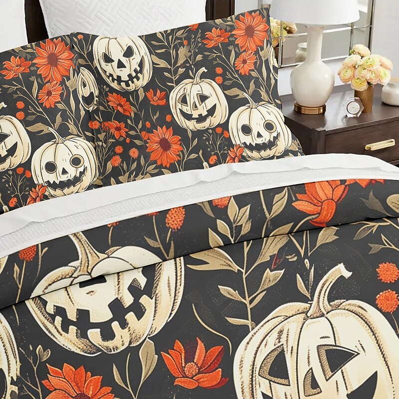 Halloween Duvet Cover Set Jack O Lantern Pumpkin Floral and Pumpkin Patterns for a Cozy Holiday Feel - Includes Duvet Cover and Pillowcases - Soft and Comfortable Fabric2