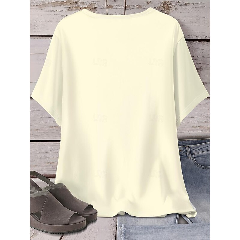 Women's T Shirt Casual Sunflower Print Short Sleeve Regular Tops V Neck Daily off-white Summer2