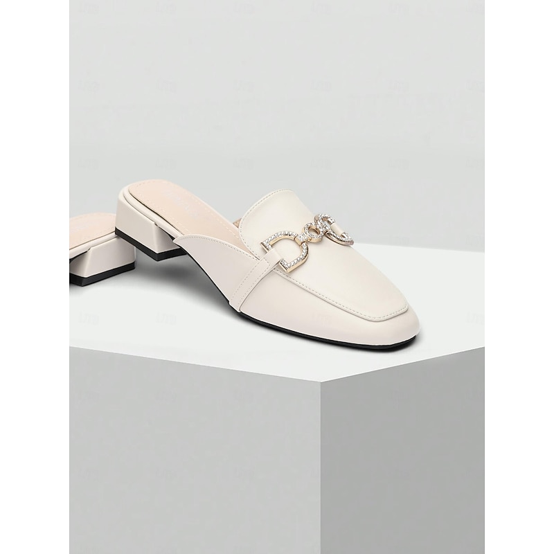 Women's White Leather Mules with Rhinestone Buckle – Elegant Slip-On Loafers for Casual and Formal Outfits2