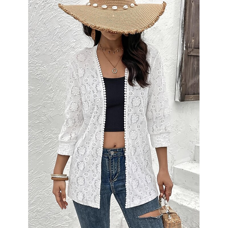 Women's Dressy Dusters Dressy Jackets Coat Outdoor Street Daily Spring Fall Regular Coat V Neck Regular Fit Windproof Breathable Stylish Contemporary Casual Jacket Long Sleeve Plain Lace Trims White3