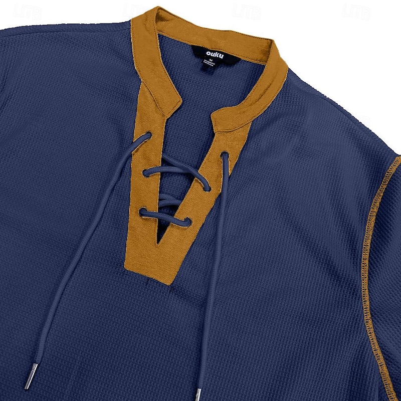 Men's Waffle Henley Shirt Henley Shirt Short Sleeve Shirt Tee Top Short Sleeve V Neck Summer Patchwork Daily Hawaiian Lace up Drawstring Outdoor Street Causal White Black Navy Blue Top Tee for Men3