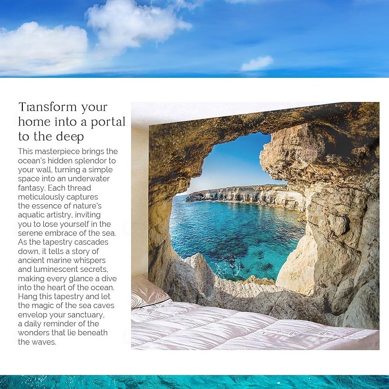 Sea Cave Wall Tapestry Art Deco Blanket Curtain Picnic Table Cloth Hanging Home Bedroom Living Room Dormitory Decoration Polyester Fiber Nature Landscape Mountain Water3