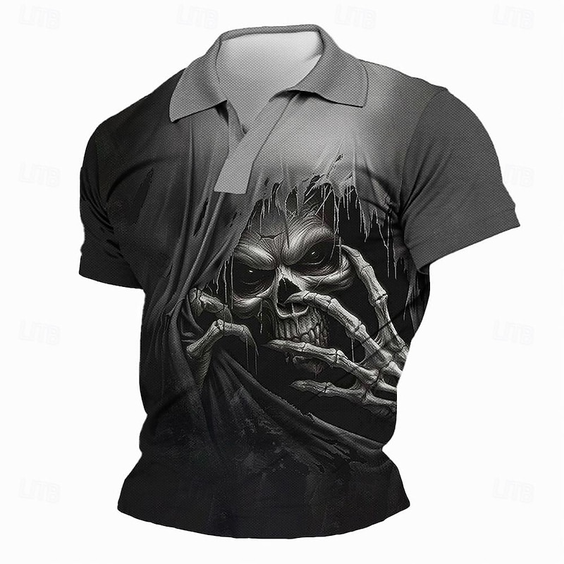 Day of the Dead Men's Skull Polo Shirts Golf Shirt Short Sleeve Polo Shirts V Neck Horror Streetwear Festival Wear Party Outfits 3D Print Spring & Summer Black