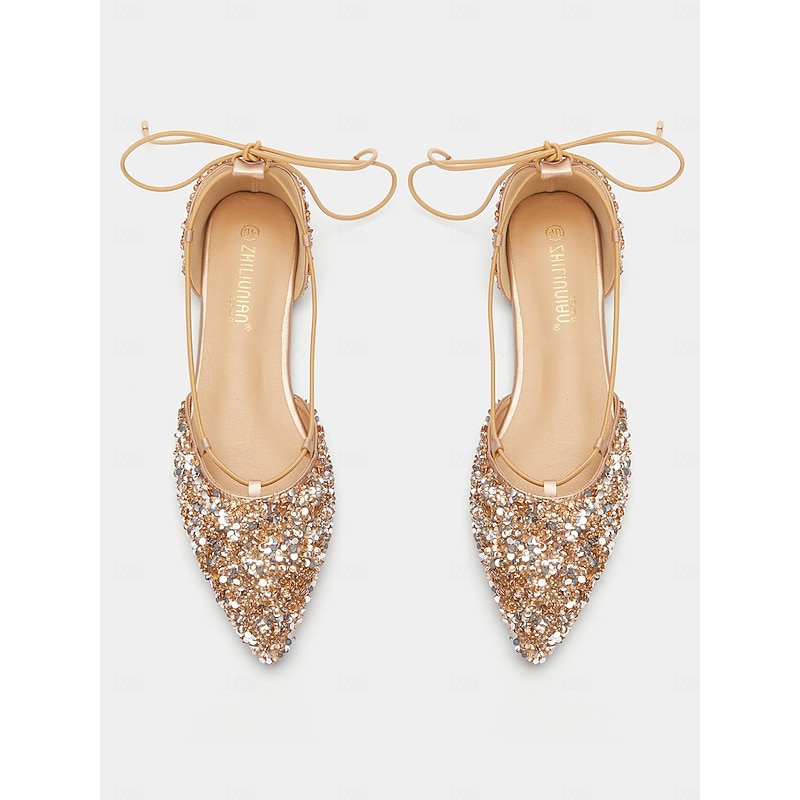Women's Glitter Pointed Toe Lace-Up Flats - Sparkly Sequin Ballet Shoes for Parties and Special Occasions