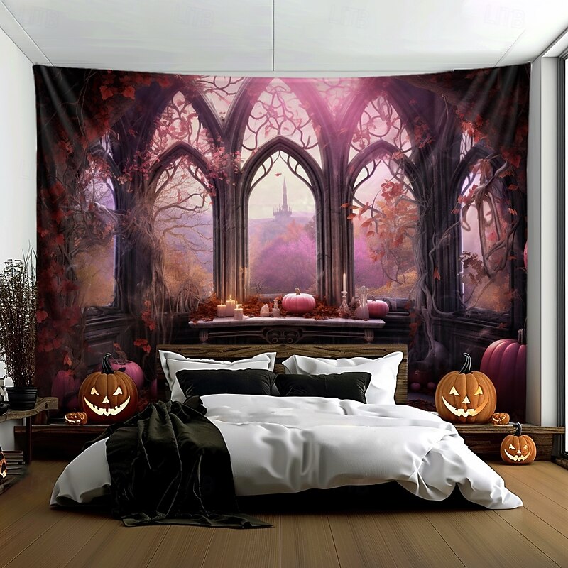 Pink Halloween Decorations Window Hanging Tapestry Wall Art Large Tapestry Mural Decor Photograph Backdrop Blanket Curtain Home Bedroom Living Room Decoration 5