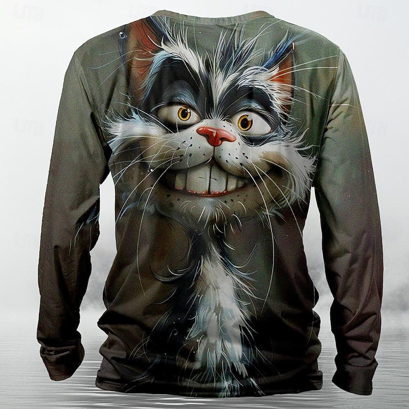 Men's Cat Funny T Shirt Henley Shirt Long Sleeve T shirt 3D Print Crew Neck Shirt Designer Retro Vintage Street Casual Daily Dark Gray Summer Spring Fall Clothing Apparel S M L XL XXL 3XL2
