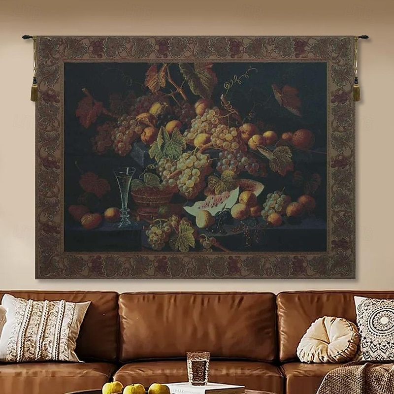 Jacquard Woven Tapestry Gobelin Aubusson Wall Art Hanging Large Tapestry Reproduction Loom Cotton Weave Grape Feast Belgian Tapestry (without tassels and rod)2