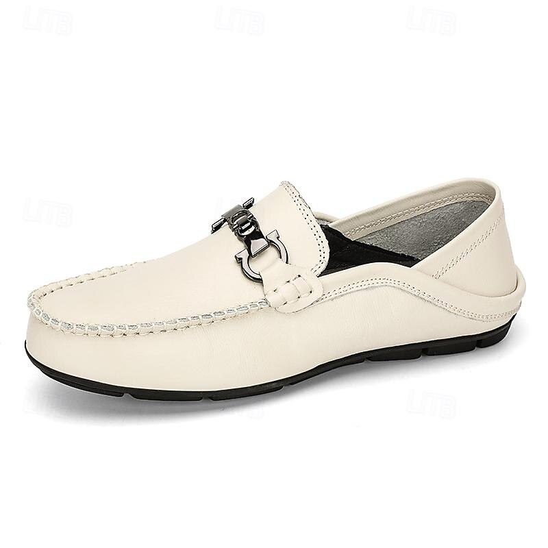 Men's White Leather Loafers - Slip-On Dress Shoes with Metal Buckle for Formal and Casual Wear2