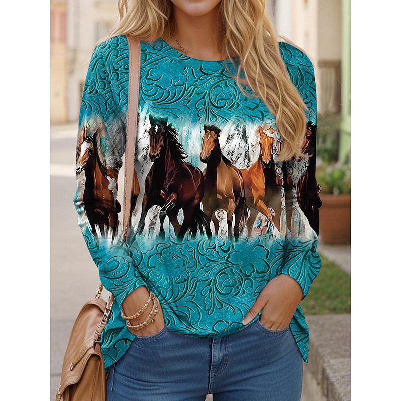 Women's T shirt Long Sleeve Crew Neck Long Sleeve Tunic Casual Horse Print Regular Tops Daily Blue Spring Fall Prefall