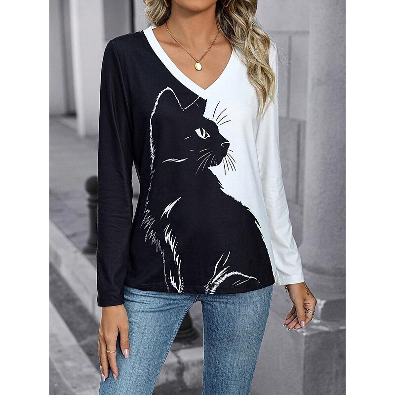 Women's T Shirt V Neck Long Sleeve Tunic Tee Cat Daily Fashion White / Black Spring & Fall3