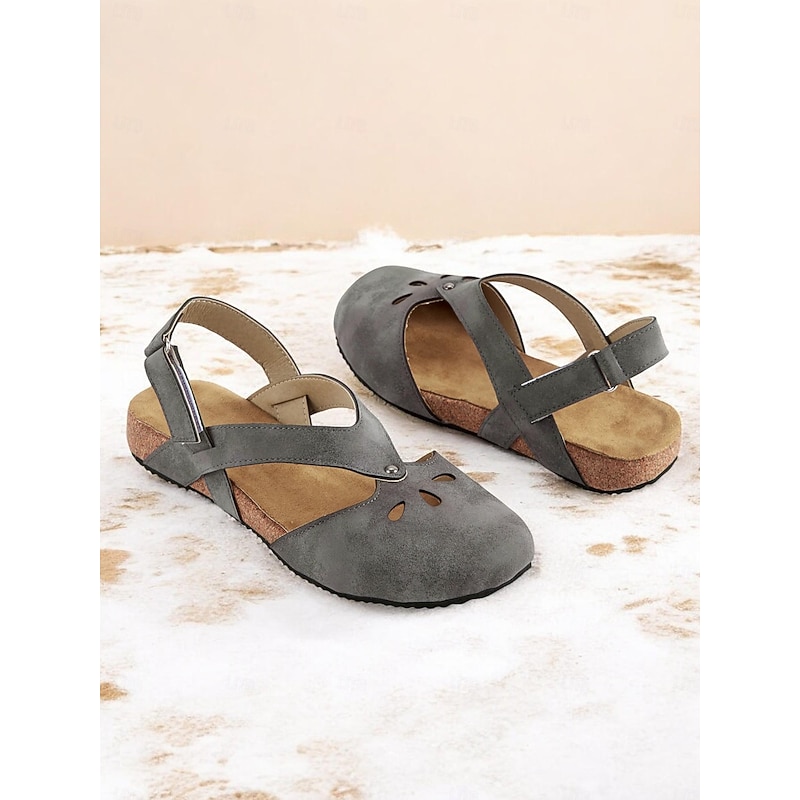 Women's Vintage-Style Gray Suede Sandals with Cut-Out Design and Cork Sole - Comfortable and Stylish for Summer Wear4