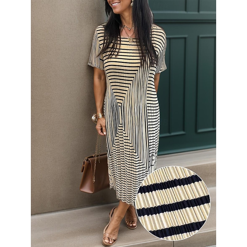 Women's Geometric Pleated Stripe Crew Neck Midi Dress Summer Spring